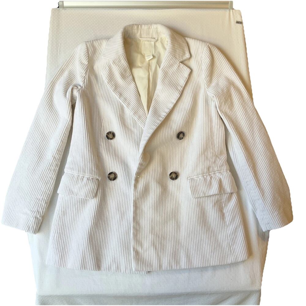 H&M Women Blazer US 2 White Striped Corduroy Double Breasted Button Long Sleeve